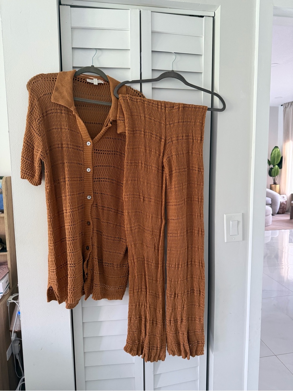 LSPACE Open-Knit Wide-Leg Pants & Button-Up Top Set in Rust